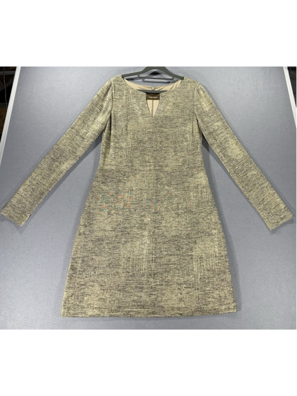 Vince Camuto Metallic Sheath Dress Long Sleeve Keyhole Gold/Multi Size 8